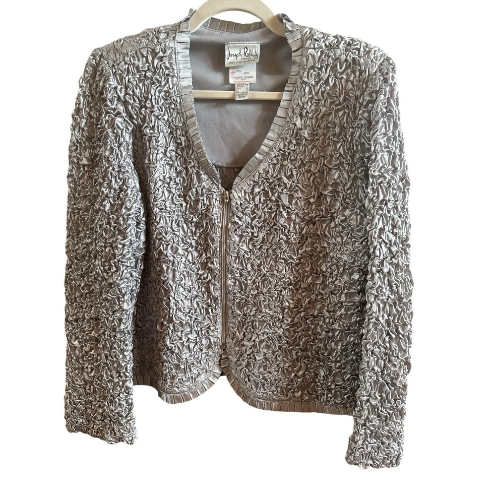 Joseph Ribkoff Silver Metallic Crinkle Satin Woman's Size 16 Satin Zip Up Jacket